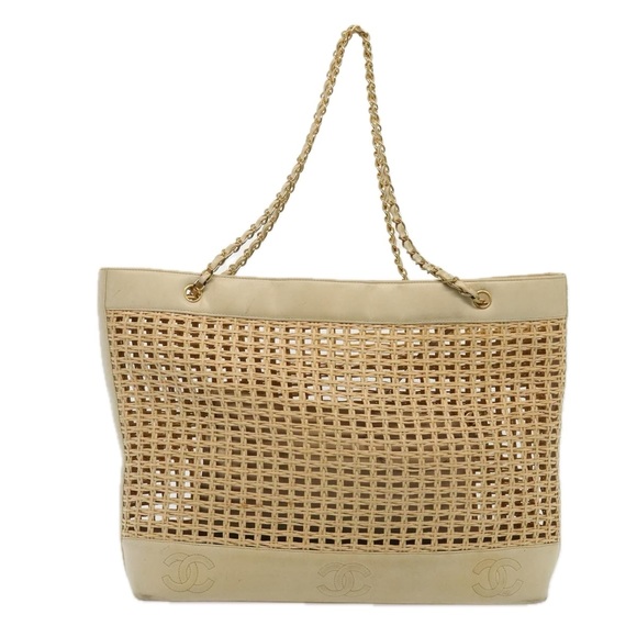 CHANEL COCO Mark Chain Tote Bag Straw Leather Beige Gold CC Auth yk14915 - Picture 2 of 16